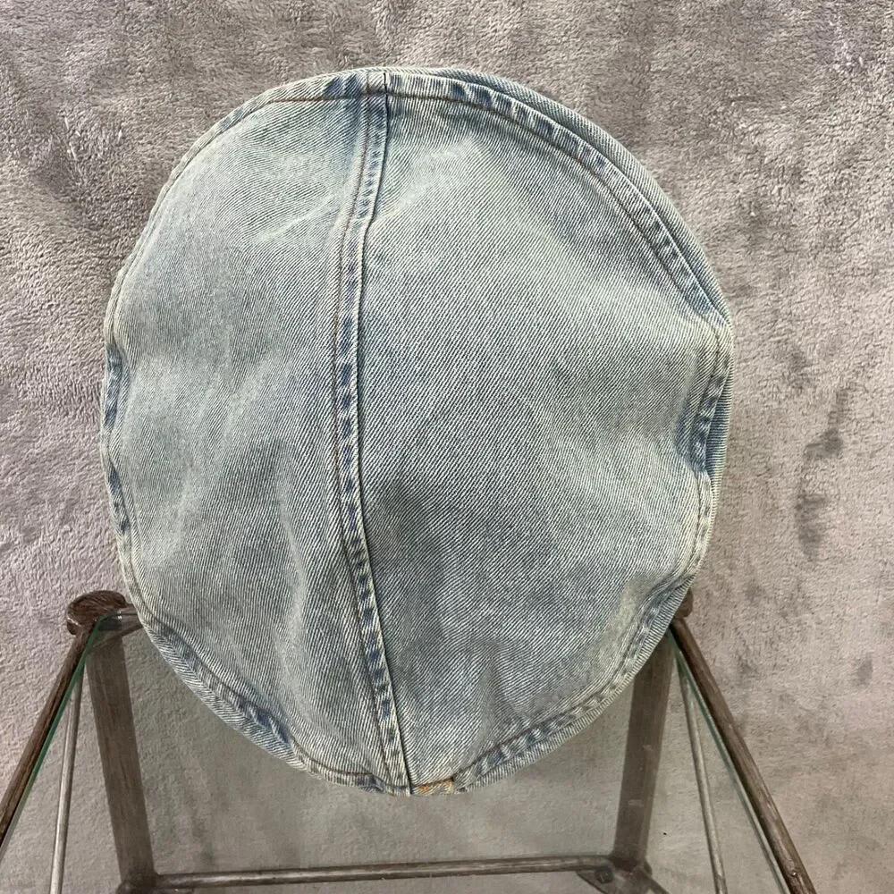 On The Momentum Denim Beret Flat Hat Women OSFM Boho Artsy Parisian Logo button